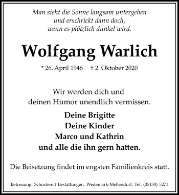 Traueranzeige von Wolfgang Warlich von Hannoversche Allgemeine Zeitung/Neue Presse