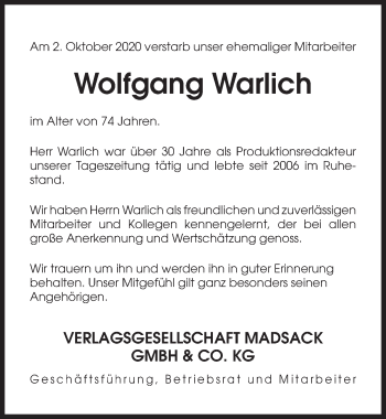 Traueranzeige von Wolfgang Warlich von Hannoversche Allgemeine Zeitung/Neue Presse