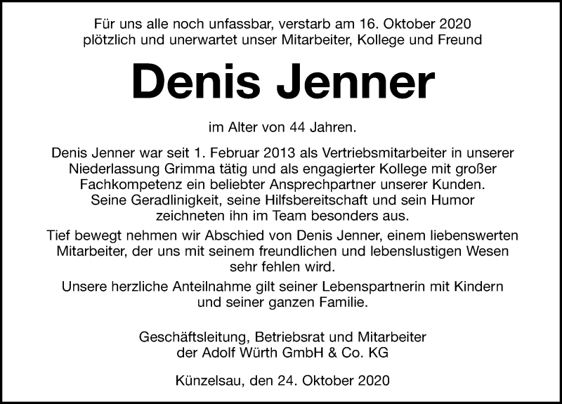  Traueranzeige für Denis Jenner vom 24.10.2020 aus Leipziger Volkszeitung