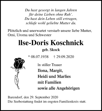 Traueranzeige von llse-Doris Koschnick von Ostsee-Zeitung GmbH