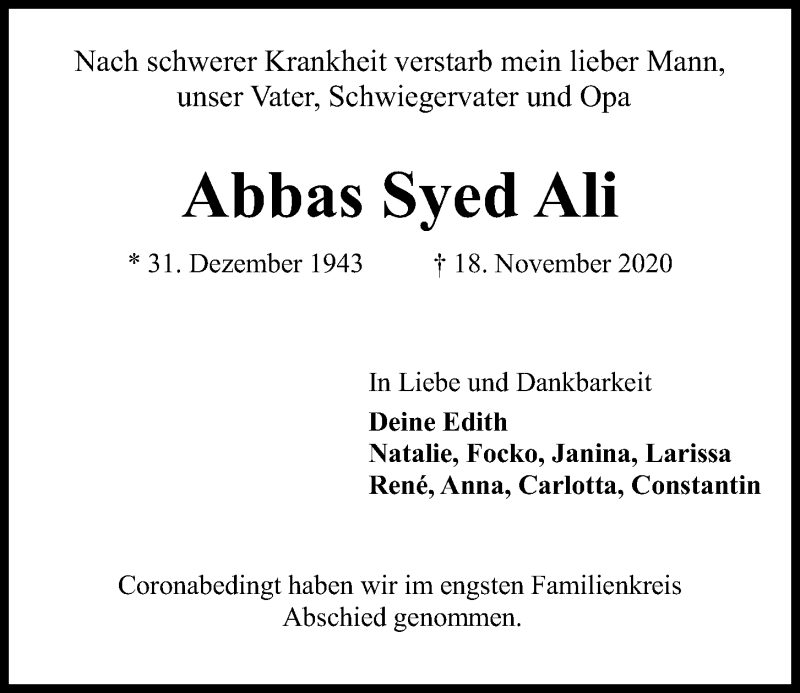  Traueranzeige für Abbas Syed Ali vom 28.11.2020 aus Kieler Nachrichten