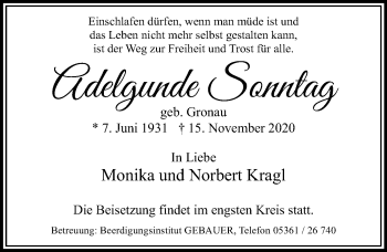 Traueranzeige von Adelgunde Sonntag von Aller Zeitung