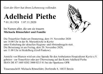 Traueranzeige von Adelheid Piethe