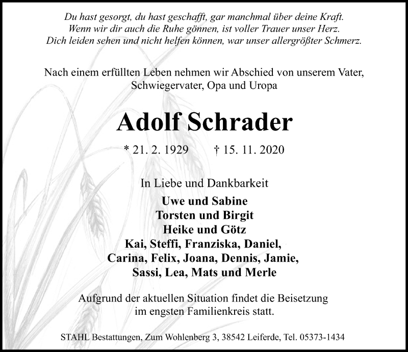  Traueranzeige für Adolf Schrader vom 18.11.2020 aus Aller Zeitung