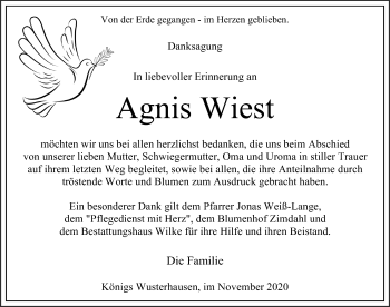 Traueranzeige von Agnis Wiest von Märkischen Allgemeine Zeitung