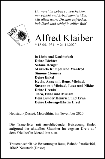 Traueranzeige von Alfred Klaiber