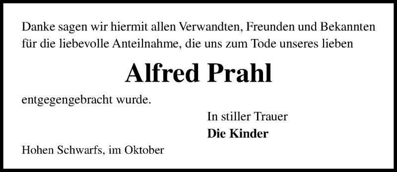  Traueranzeige für Alfred Prahl vom 07.11.2020 aus Ostsee-Zeitung GmbH
