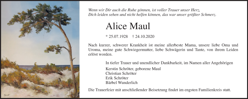 Traueranzeige für Alice Maul vom 07.11.2020 aus Ostsee-Zeitung GmbH