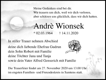 Traueranzeige von Andre Wionsek von Ostsee-Zeitung GmbH