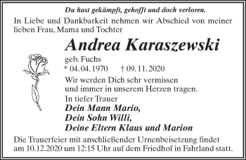 Traueranzeige von Andrea Karaszewski von Märkischen Allgemeine Zeitung