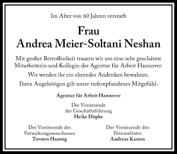 Traueranzeige von Andrea Meier-Soltani Neshan von Hannoversche Allgemeine Zeitung/Neue Presse