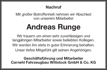 Traueranzeige von Andreas Runge von Märkischen Allgemeine Zeitung