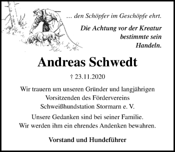 Traueranzeige von Andreas Schwedt von Lübecker Nachrichten