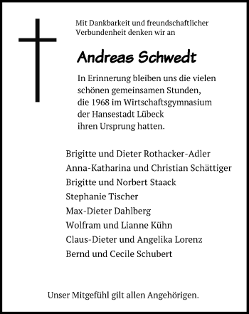 Traueranzeige von Andreas Schwedt von Lübecker Nachrichten