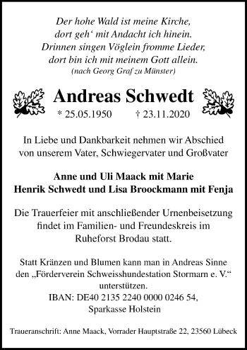 Traueranzeige von Andreas Schwedt von Lübecker Nachrichten