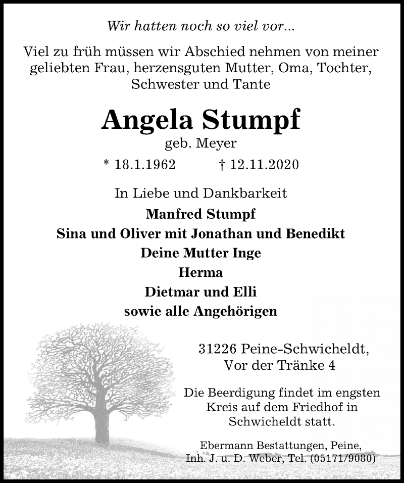  Traueranzeige für Angela Stumpf vom 17.11.2020 aus Peiner Allgemeine Zeitung