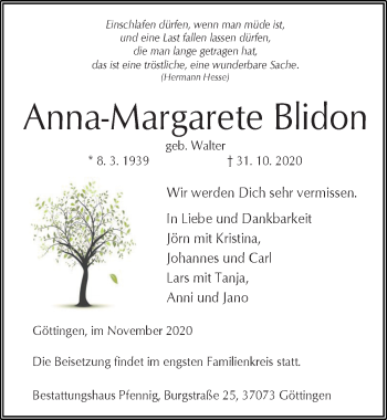 Traueranzeige von Anna-Margarete Blidon von Göttinger Tageblatt