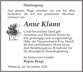 Traueranzeige von Anne Klann von Märkischen Allgemeine Zeitung
