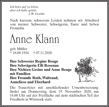 Traueranzeige von Anne Klann von Märkischen Allgemeine Zeitung