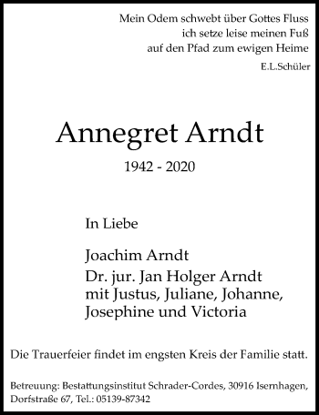 Traueranzeige von Annegret Arndt von Hannoversche Allgemeine Zeitung/Neue Presse