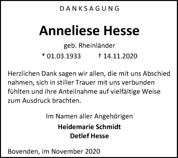 Traueranzeige von Anneliese Hesse von Göttinger Tageblatt