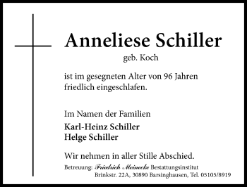 Traueranzeige von Anneliese Schiller von Hannoversche Allgemeine Zeitung/Neue Presse