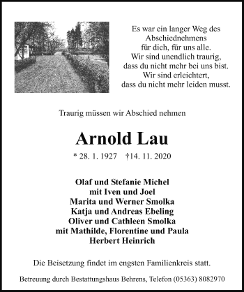 Traueranzeige von Arnold Lau von Aller Zeitung