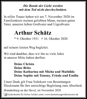 Traueranzeige von Arthur Schätz von Märkischen Allgemeine Zeitung