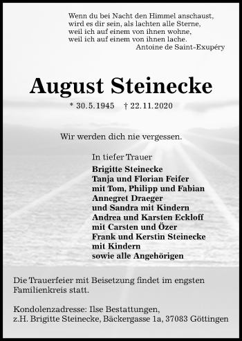 Traueranzeige von August Steinecke von Göttinger Tageblatt
