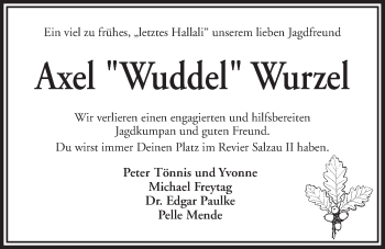 Traueranzeige von Axel  Wurzel von Kieler Nachrichten