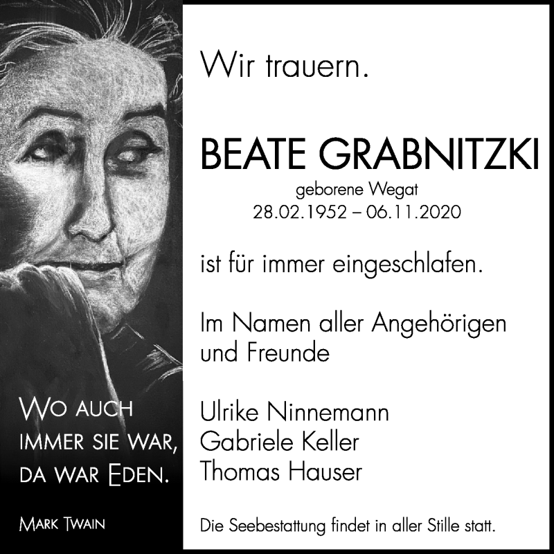  Traueranzeige für Beate Grabnitzki vom 14.11.2020 aus Ostsee-Zeitung GmbH