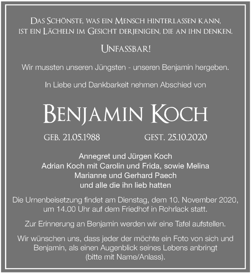  Traueranzeige für Benjamin Koch vom 05.11.2020 aus Märkischen Allgemeine Zeitung