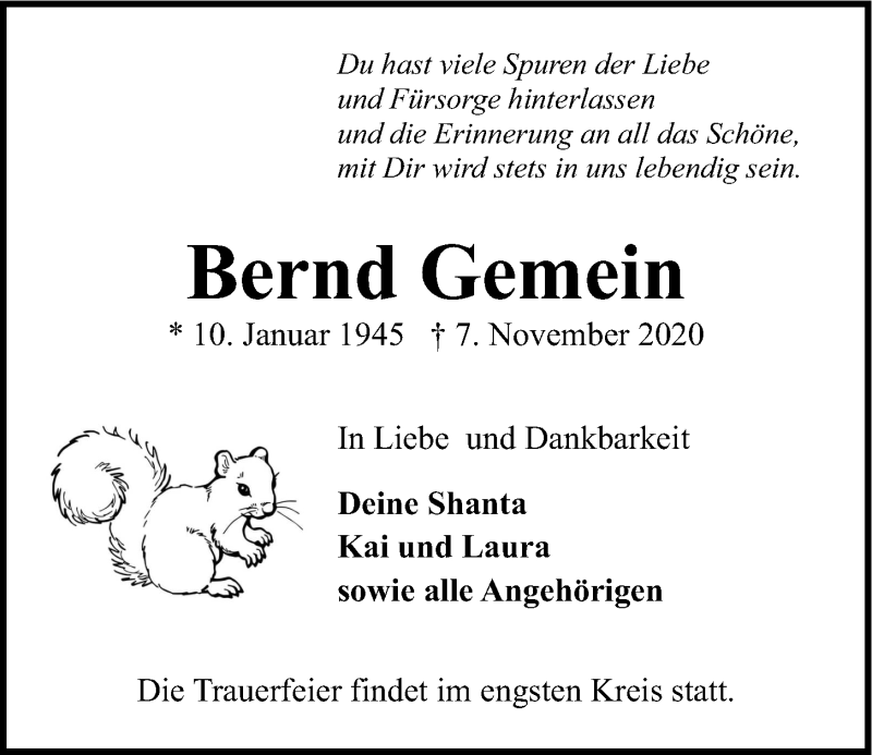  Traueranzeige für Bernd Gemein vom 21.11.2020 aus Kieler Nachrichten