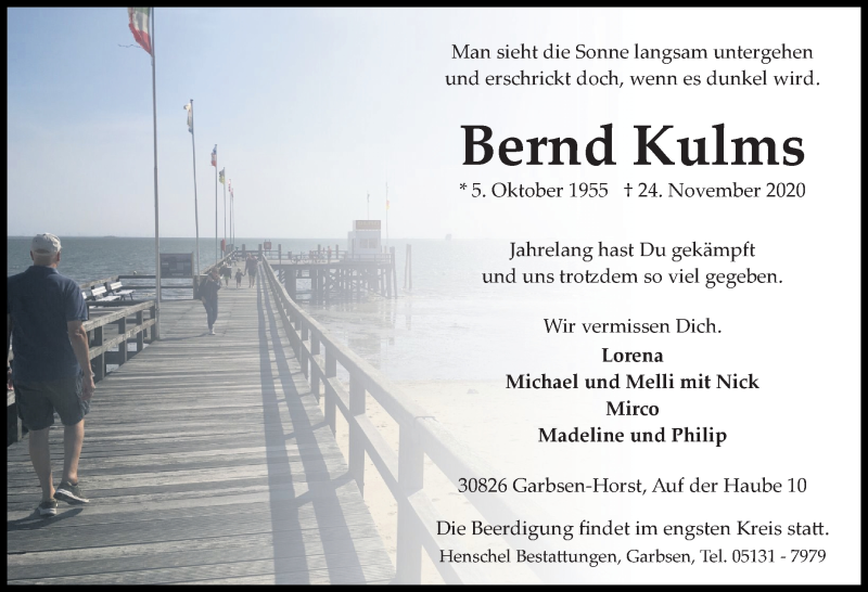  Traueranzeige für Bernd Kulms vom 28.11.2020 aus Hannoversche Allgemeine Zeitung/Neue Presse