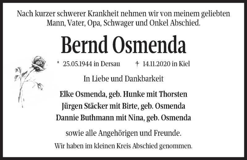  Traueranzeige für Bernd Osmenda vom 21.11.2020 aus Kieler Nachrichten