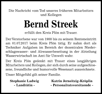 Traueranzeige von Bernd Streek von Kieler Nachrichten