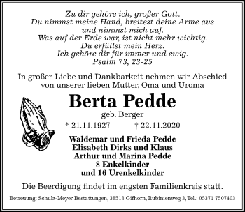 Traueranzeige von Berta Pedde von Aller Zeitung