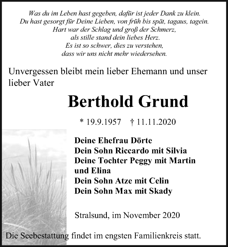  Traueranzeige für Berthold Grund vom 14.11.2020 aus Ostsee-Zeitung GmbH