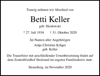 Traueranzeige von Betti Keller von Ostsee-Zeitung GmbH