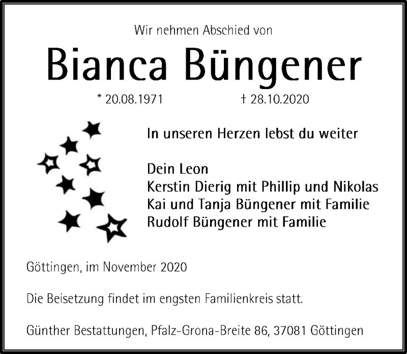  Traueranzeige für Bianca Büngener vom 07.11.2020 aus Göttinger Tageblatt