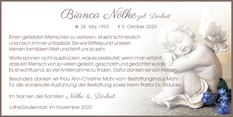  Traueranzeige für Bianca Nölke vom 14.11.2020 aus Aller Zeitung