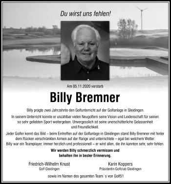 Traueranzeige von Billy Bremner von Hannoversche Allgemeine Zeitung/Neue Presse