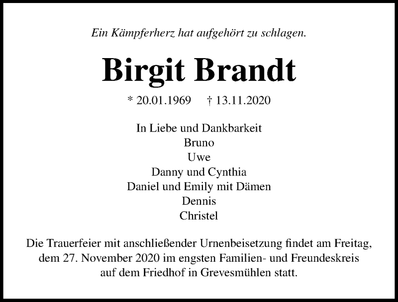  Traueranzeige für Birgit Brandt vom 25.11.2020 aus Ostsee-Zeitung GmbH