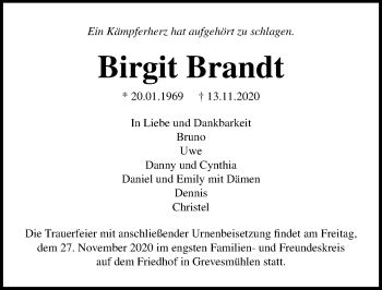 Traueranzeige von Birgit Brandt von Ostsee-Zeitung GmbH