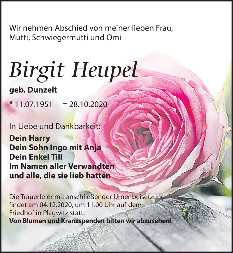  Traueranzeige für Birgit Heupel vom 20.11.2020 aus Leipziger Volkszeitung
