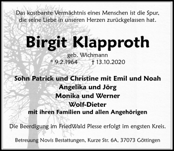 Traueranzeige von Birgit Klapproth von Göttinger Tageblatt