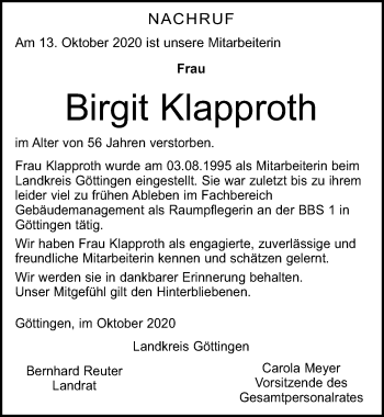 Traueranzeige von Birgit Klapproth von Göttinger Tageblatt