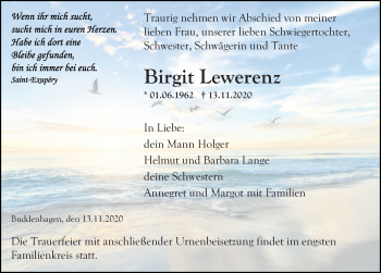 Traueranzeige von Birgit Lewerenz von Ostsee-Zeitung GmbH