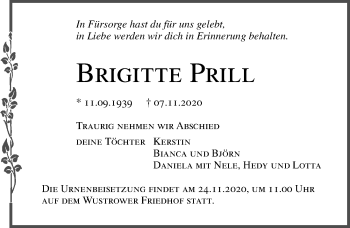 Traueranzeige von Brigitte Prill von Ostsee-Zeitung GmbH