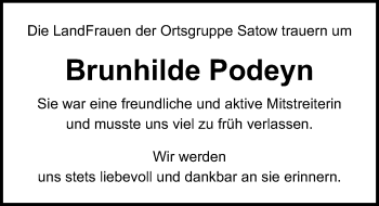 Traueranzeige von Brunhilde Podeyn von Ostsee-Zeitung GmbH